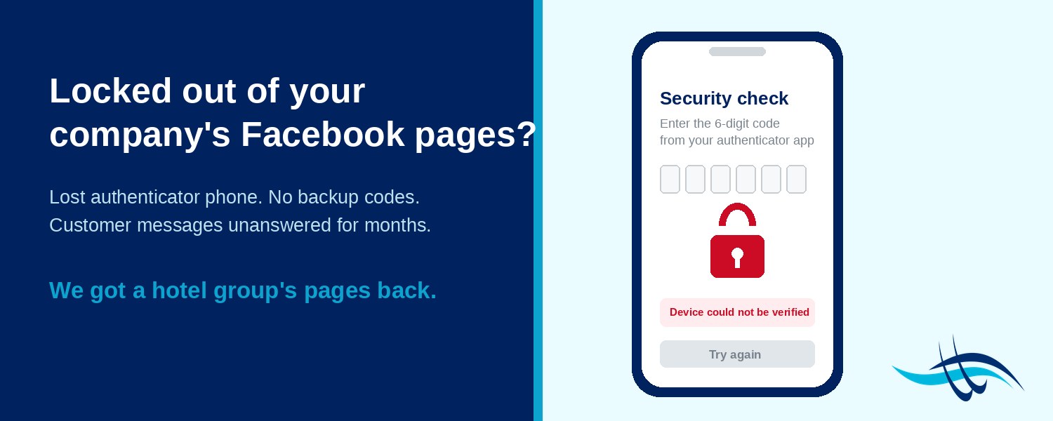 Locked out of a company Facebook page by two-factor authentication